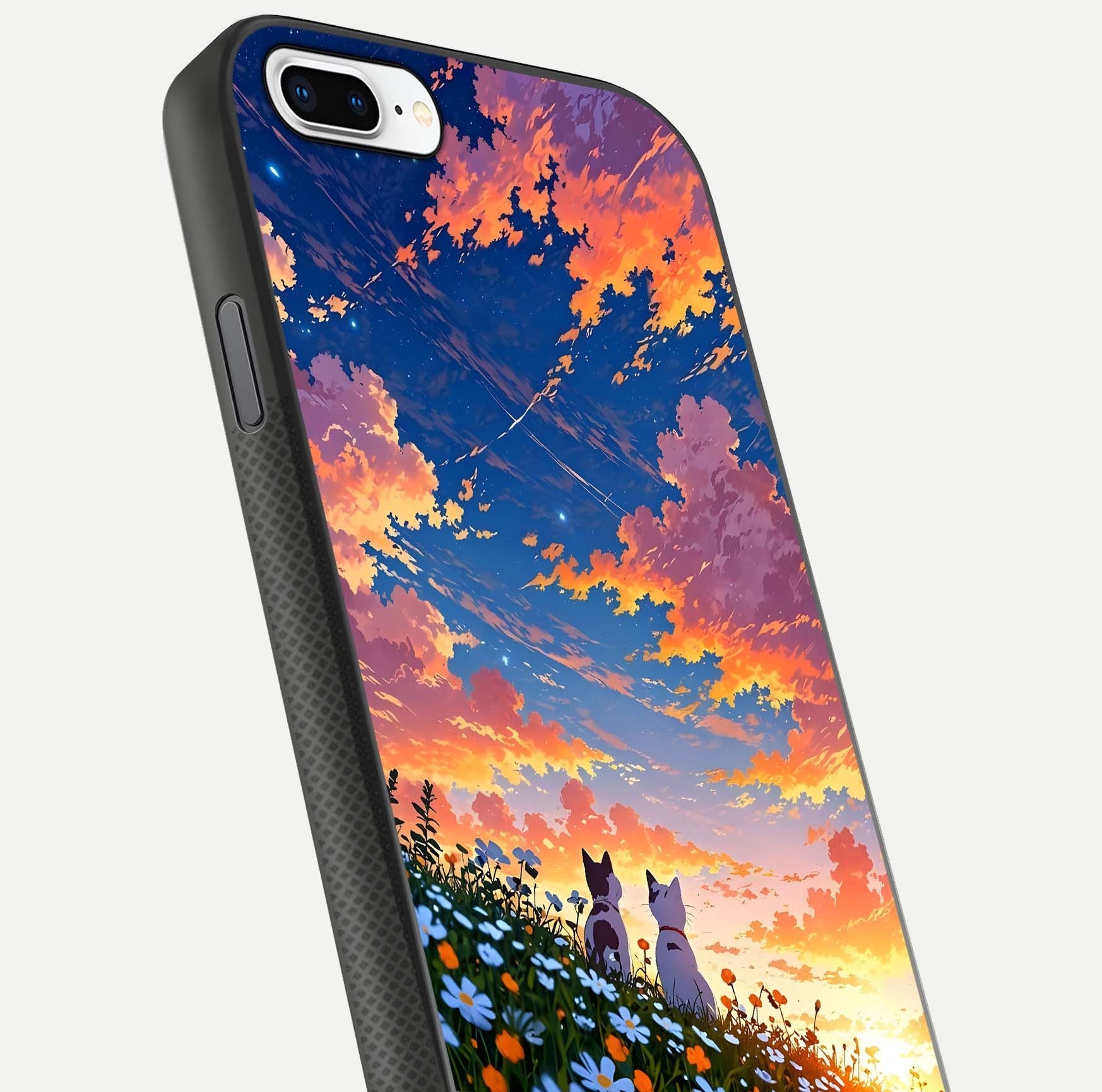 Two Cats Friends Glass Case for iPhone 16 Pro close-up angled shot highlighting cat illustrations and soft reflection