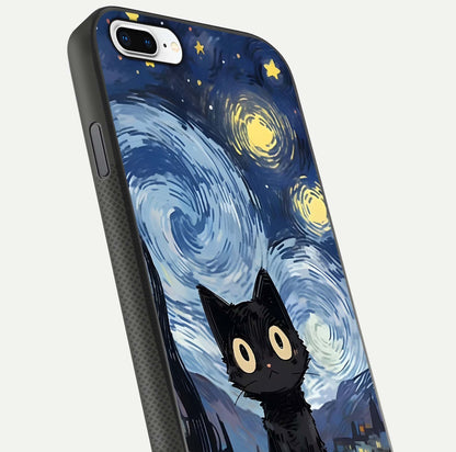 Van Gogh Cat Glass Case for iPhone 7 Plus close-up angled shot highlighting brushstroke texture and reflection