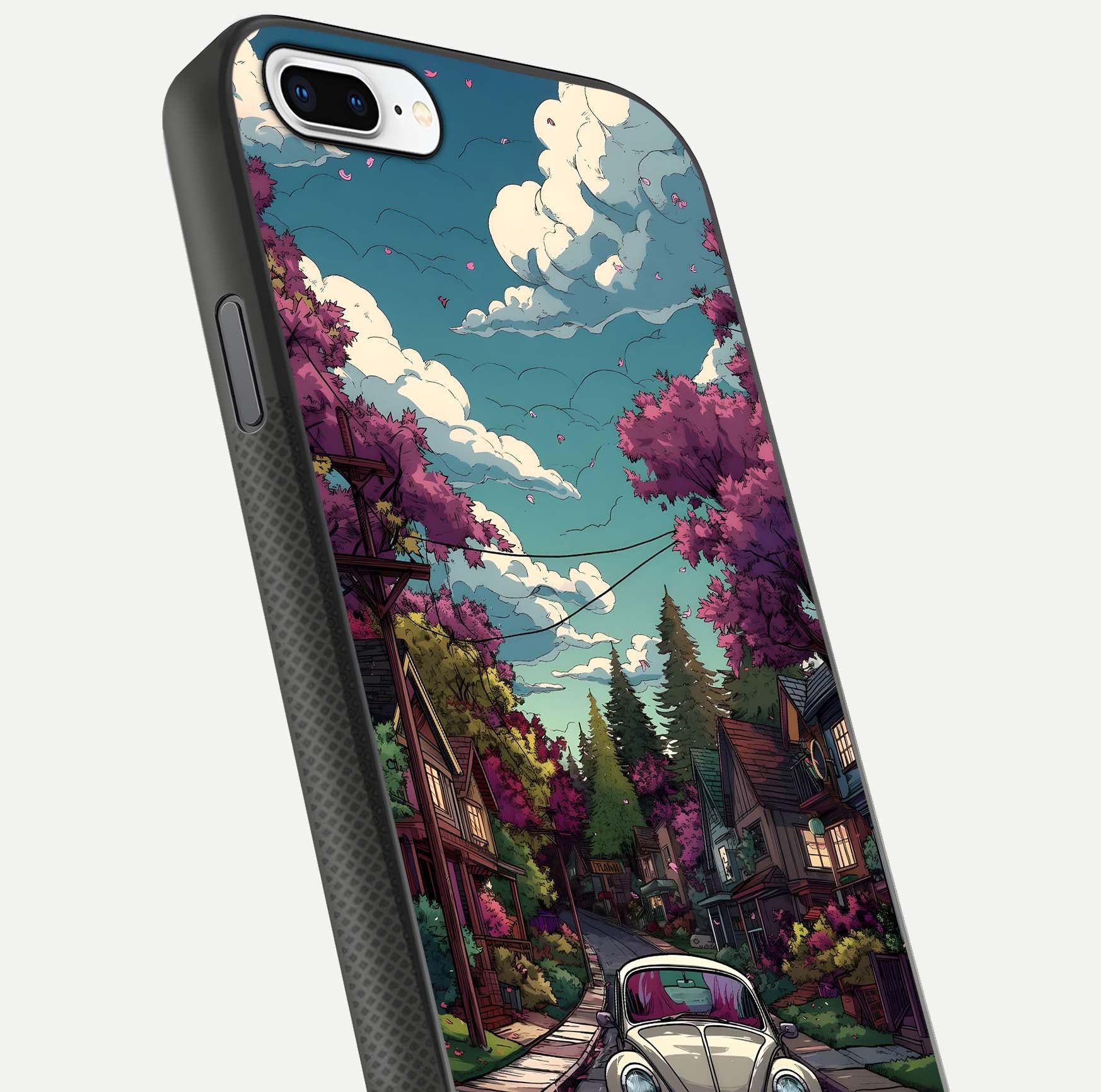 Vintage Street Drive Glass Case for iPhone 7 Plus close-up angled shot highlighting vintage tones and reflection