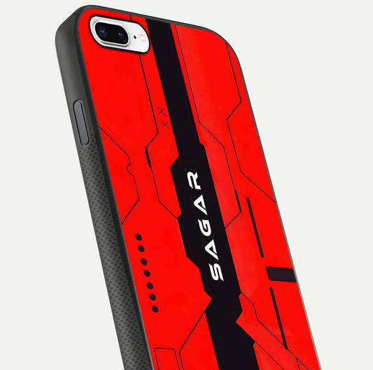 Voltage Rise CYBERPUNK Custom Name Glass Case for iPhone 7 Plus close-up angled shot highlighting neon glow and reflection