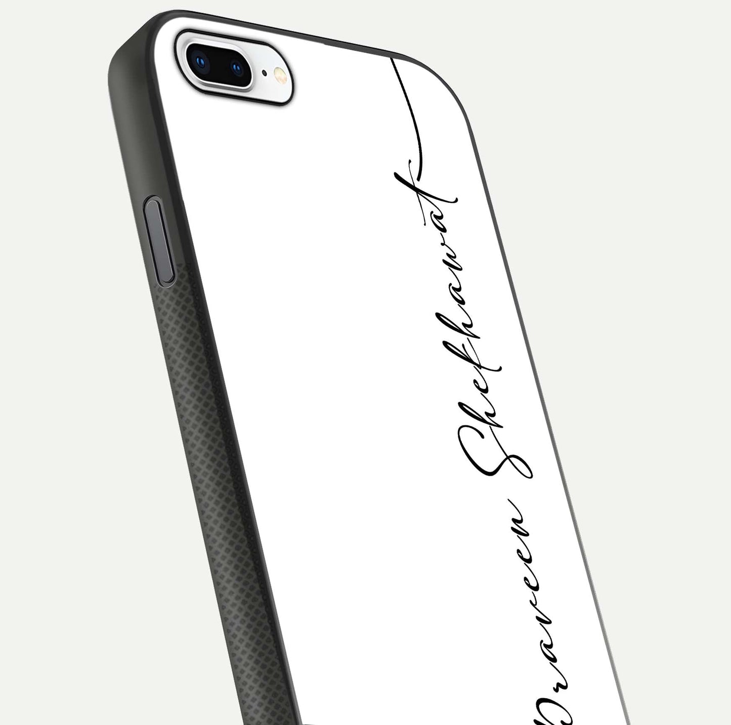 White Tune Custom Name Glass Case for iPhone 7 Plus close-up angled shot highlighting gloss reflection and texture