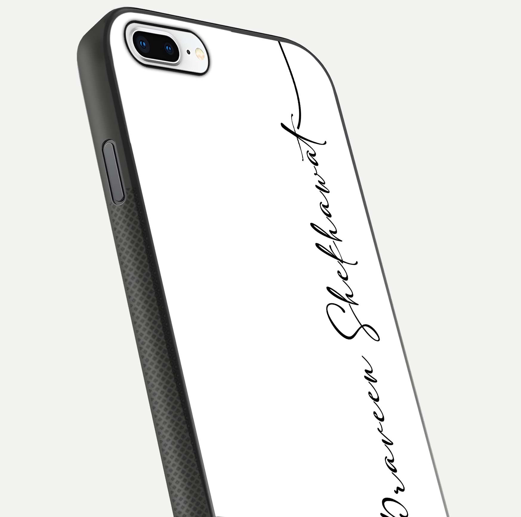 White Tune Custom Name Glass Case for iPhone 7 Plus close-up angled shot highlighting gloss reflection and texture