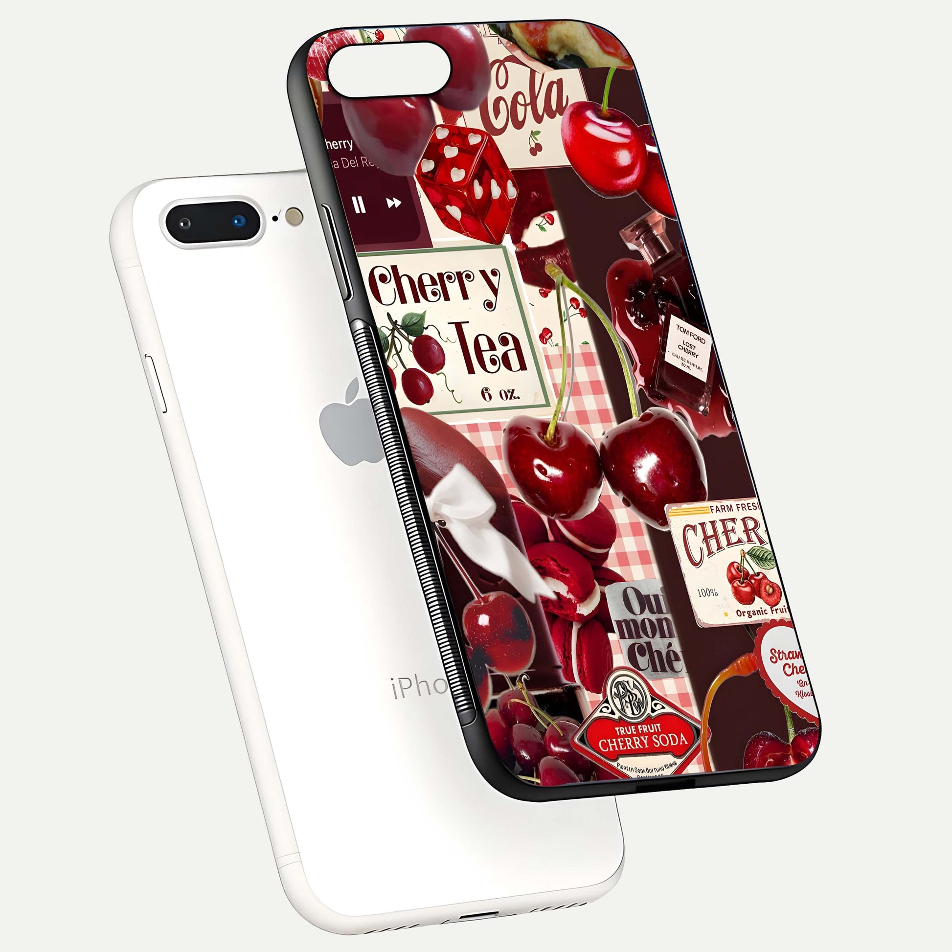 Aesthetic Cherry Tea Glass Case for iPhone 16 Pro floating dual-view mockup showing edge design and detailed cherry pattern gloss texture