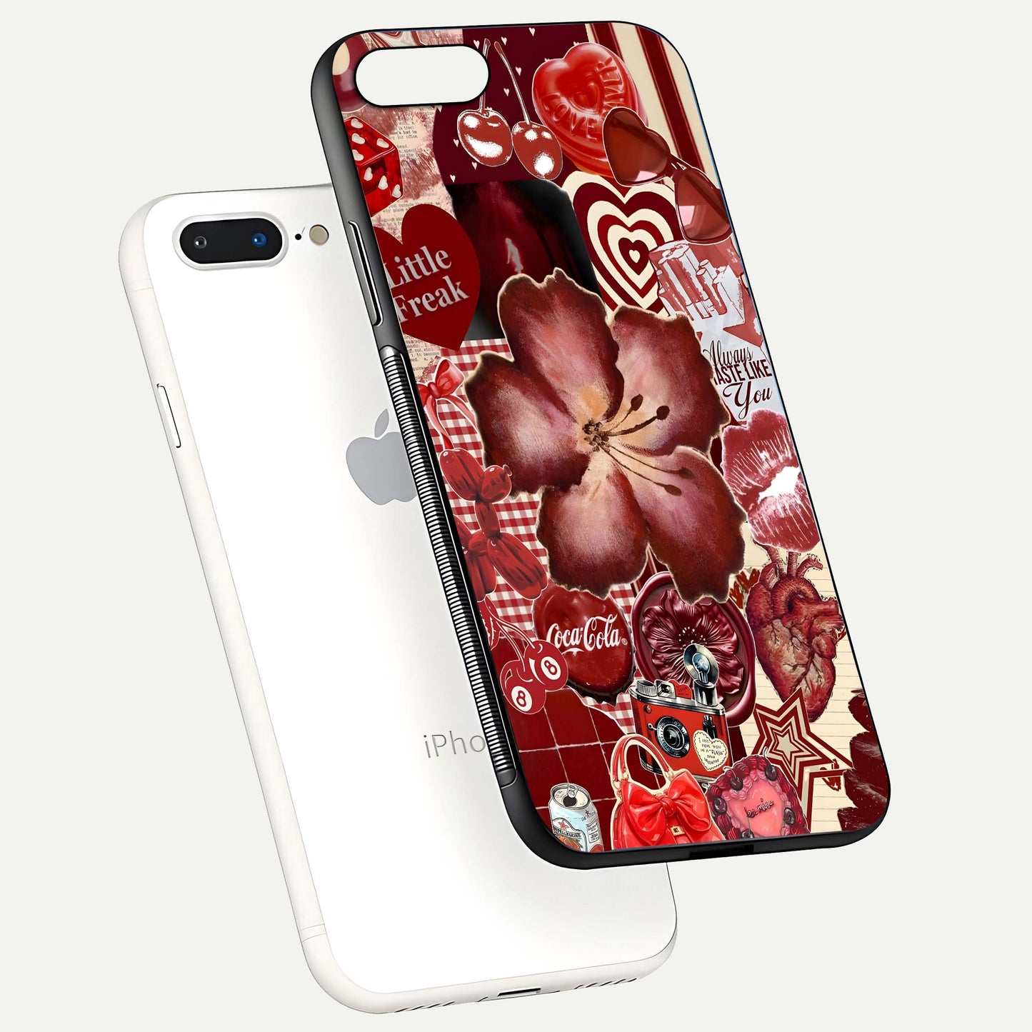 Aesthetic Little Freak Glass Case for iPhone 16 Pro floating dual-view mockup showing edge design and detailed collage gloss texture