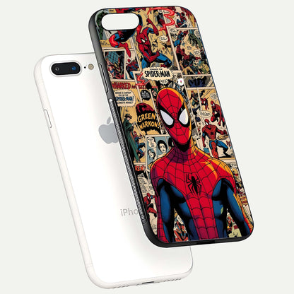 Aesthetic Spider Man Glass Case for iPhone 16 Pro floating dual-view mockup showing edge design and detailed Spider-Man gloss texture
