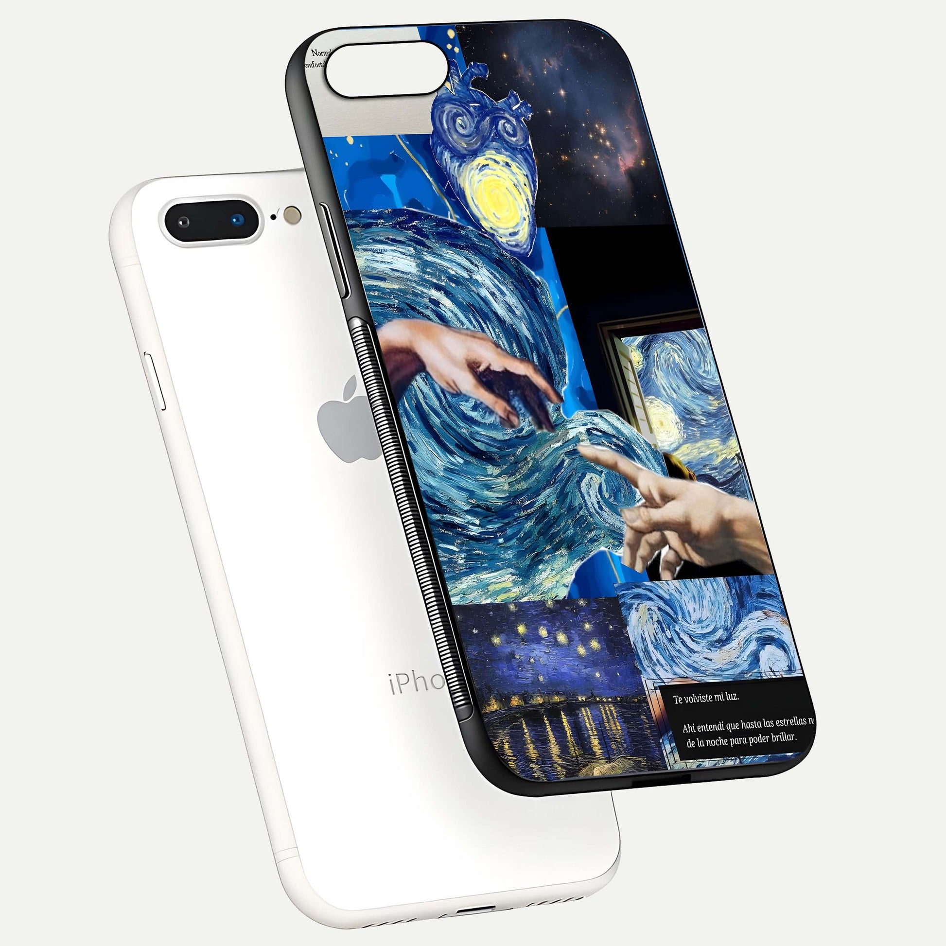 Aesthetic Vando Hands Glass Case for iPhone 16 Pro floating dual-view mockup showing slim edge profile and high-definition gloss