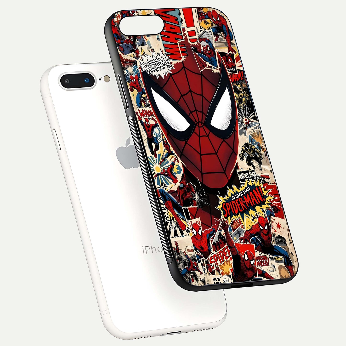 Aesthetic Wonder Spider Glass Case for iPhone 16 Pro floating mockup emphasizing superhero art and glossy reflection