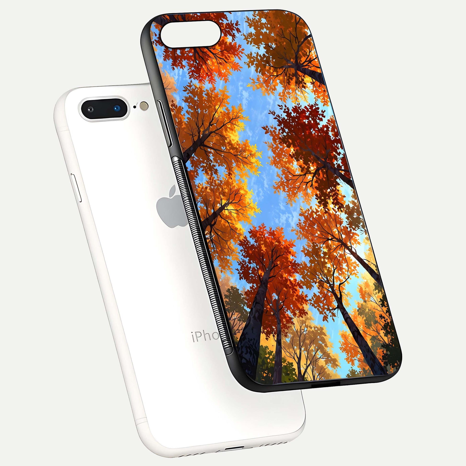 Autumn Sky Rise Glass Case for iPhone 16 Pro floating dual-view mockup with sky horizon and glossy highlights