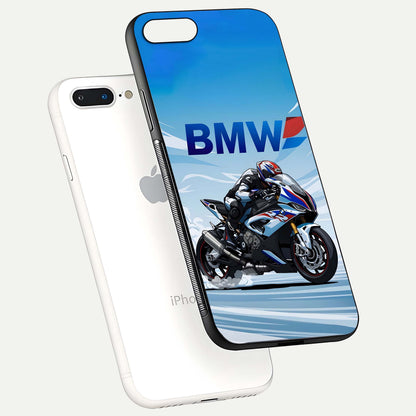 BMW Power Drift Glass Case for iPhone 7 Plus floating mockup displaying bold drift artwork and glossy polish