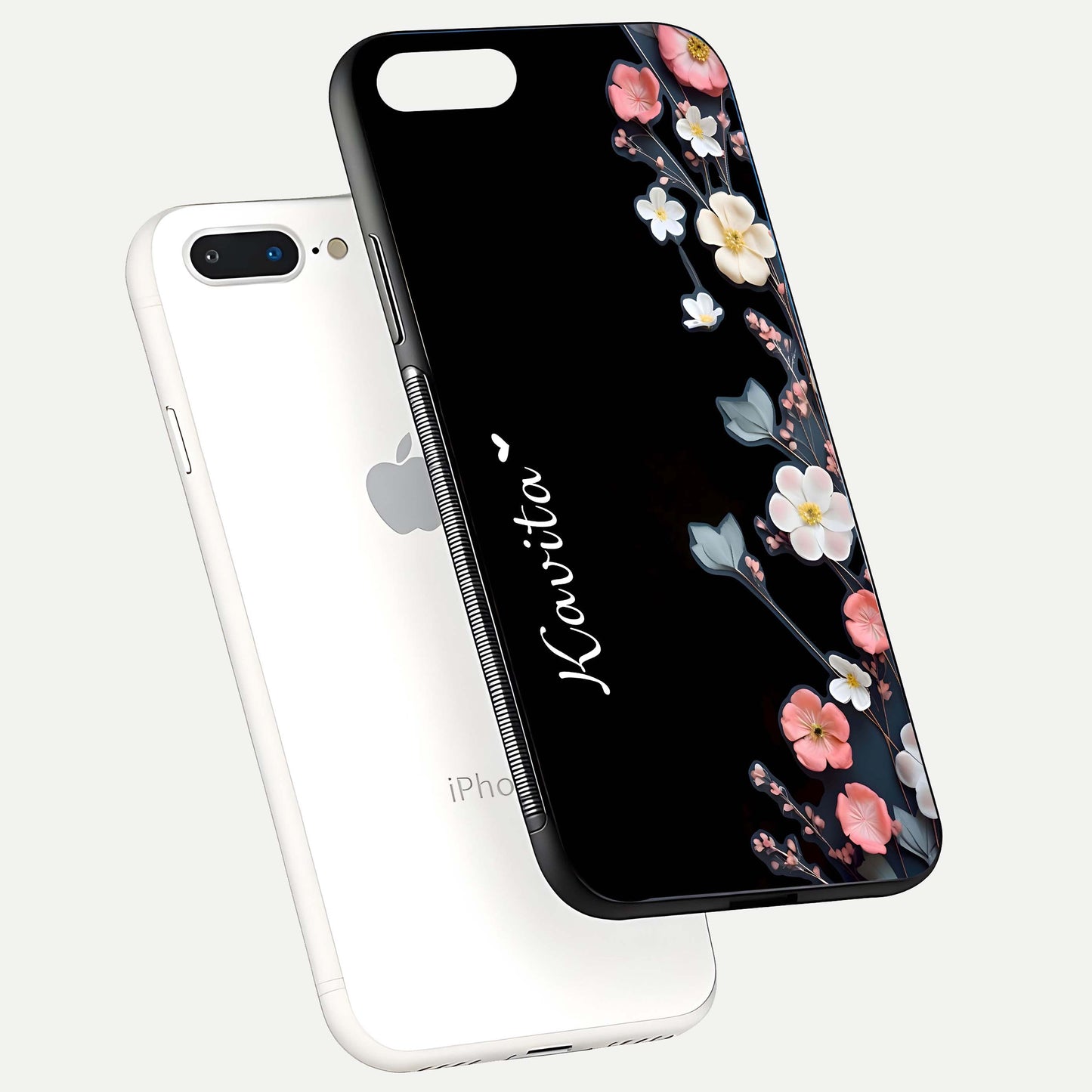 Black Elegance Floral Custom Name Glass Case for iPhone 16 Pro floating mockup emphasizing premium shine and floral art