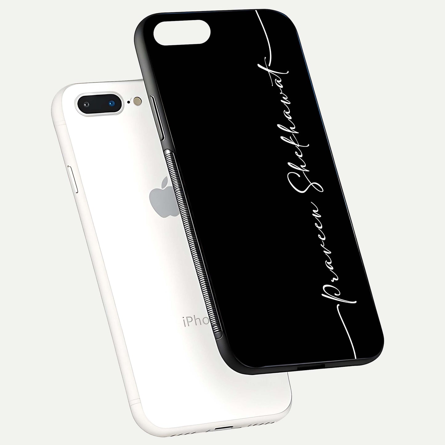 Black Tune Custom Name Glass Case for iPhone 7 Plus floating dual-view mockup emphasizing modern glossy texture