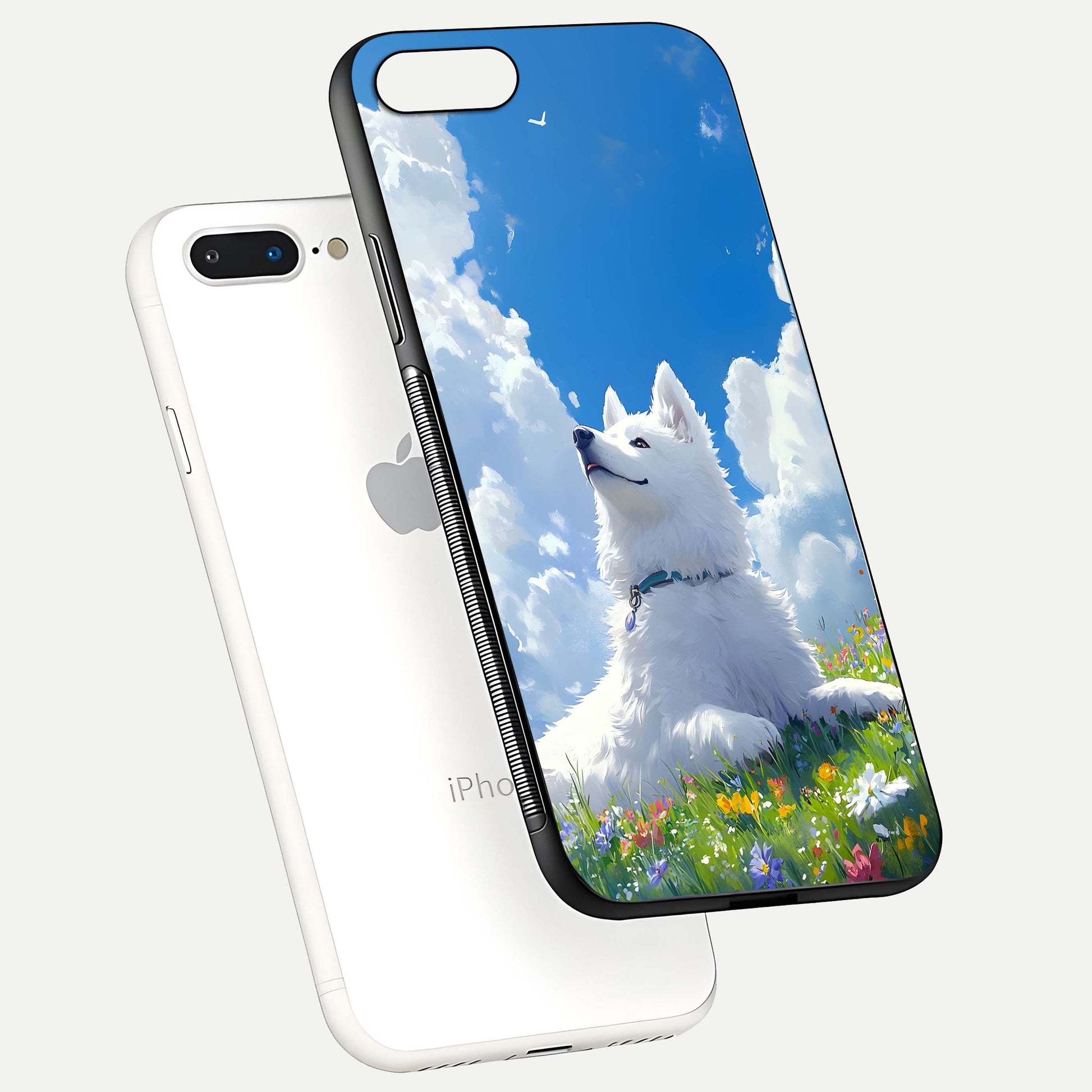 Blissful Cloud Pup Glass Case for iPhone 7 Plus floating mockup capturing playful aesthetic and gloss finish