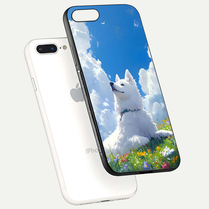 Blissful Cloud Pup Glass Case for iPhone 7 Plus floating mockup capturing playful aesthetic and gloss finish