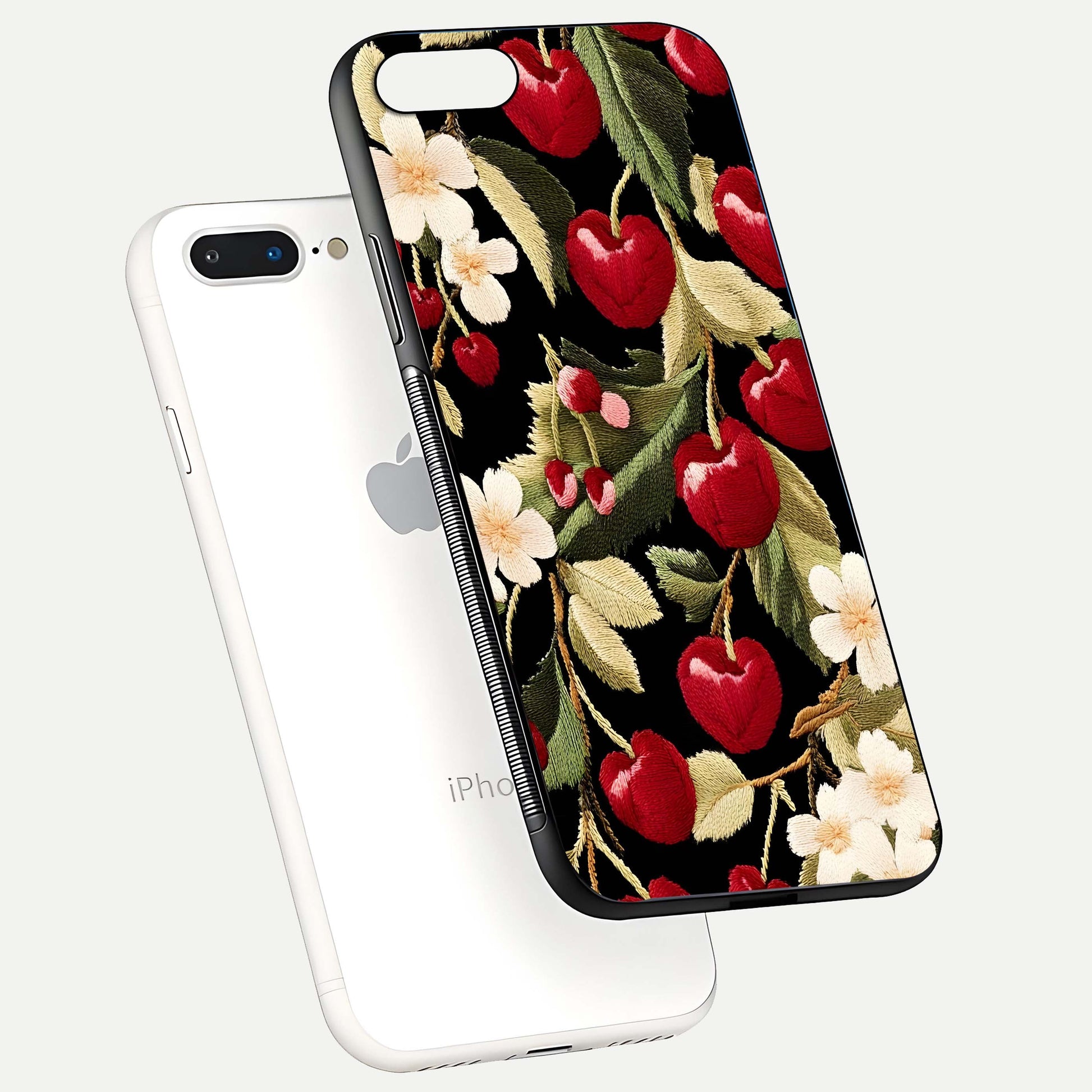 Bloom Thread Art Glass Case for iPhone 7 Plus floating mockup showing premium reflection and stitched art vibe