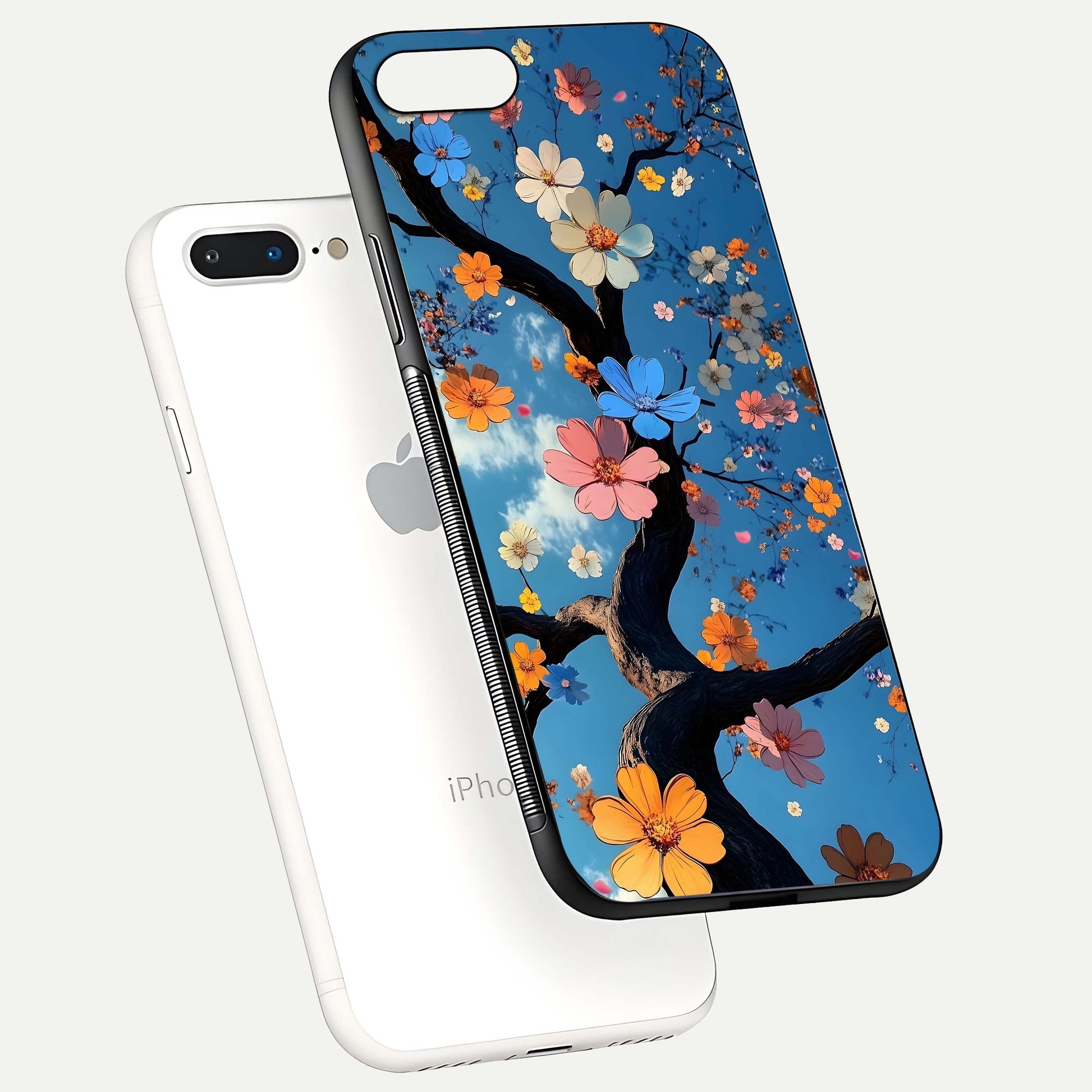Blossom Dream Sky Glass Case for iPhone 16 Pro floating dual-mockup displaying smooth finish and elegant sky tones