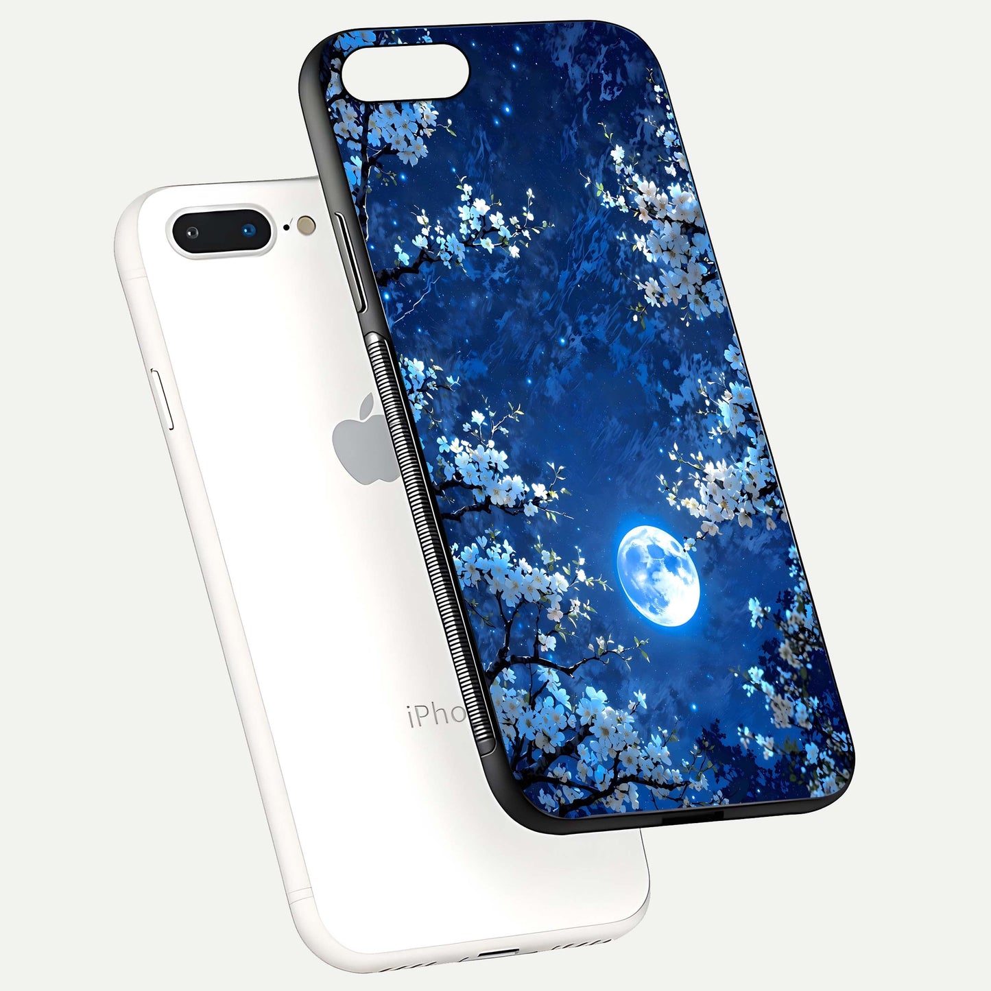 Blossom Moonlight Sky Glass Case for iPhone 16 Pro floating mockup showing glowing moon accent and HD gloss texture