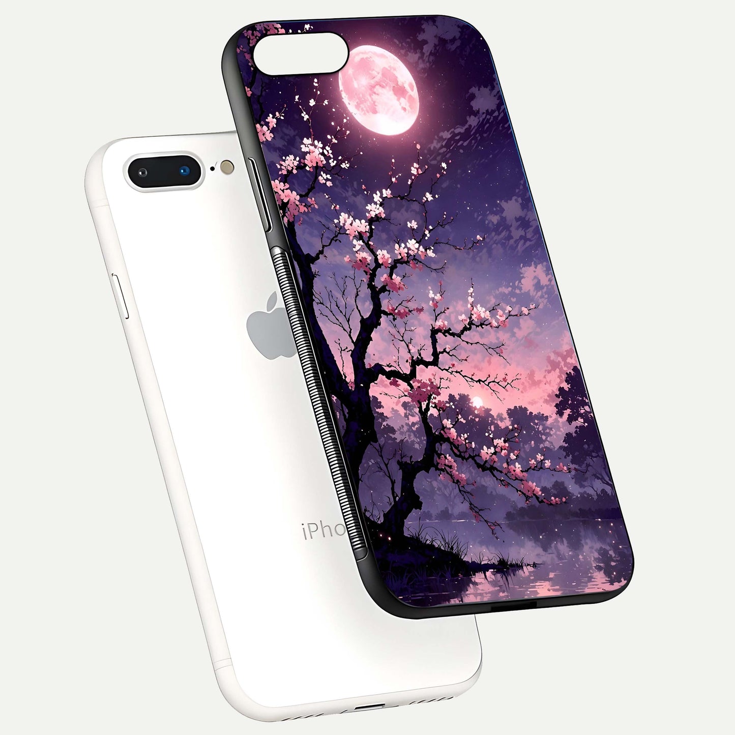 Blossom Pink Moon Glass Case for iPhone 7 Plus floating mockup emphasizing dreamy pink moon aura and smooth finish