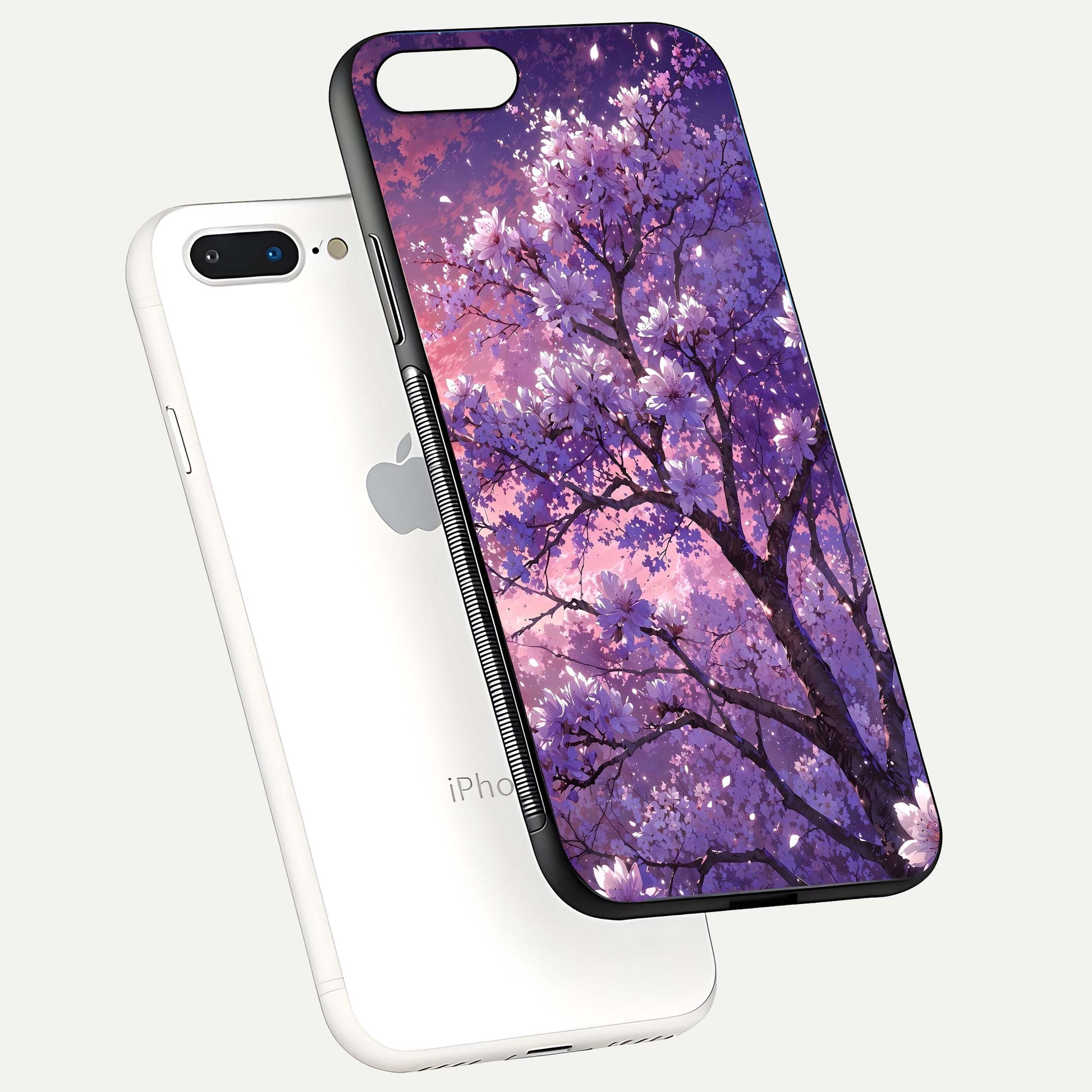 Blossom Tree Glass Case for iPhone 7 Plus floating dual-mockup displaying texture detail and curved edges