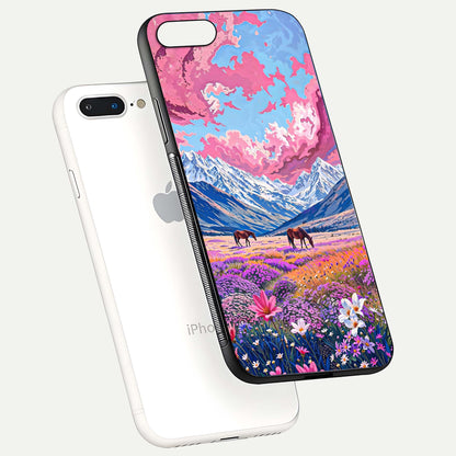 Blossom Valley Dream Glass Case for iPhone 16 Pro floating mockup showing floral valley blend and reflective surface