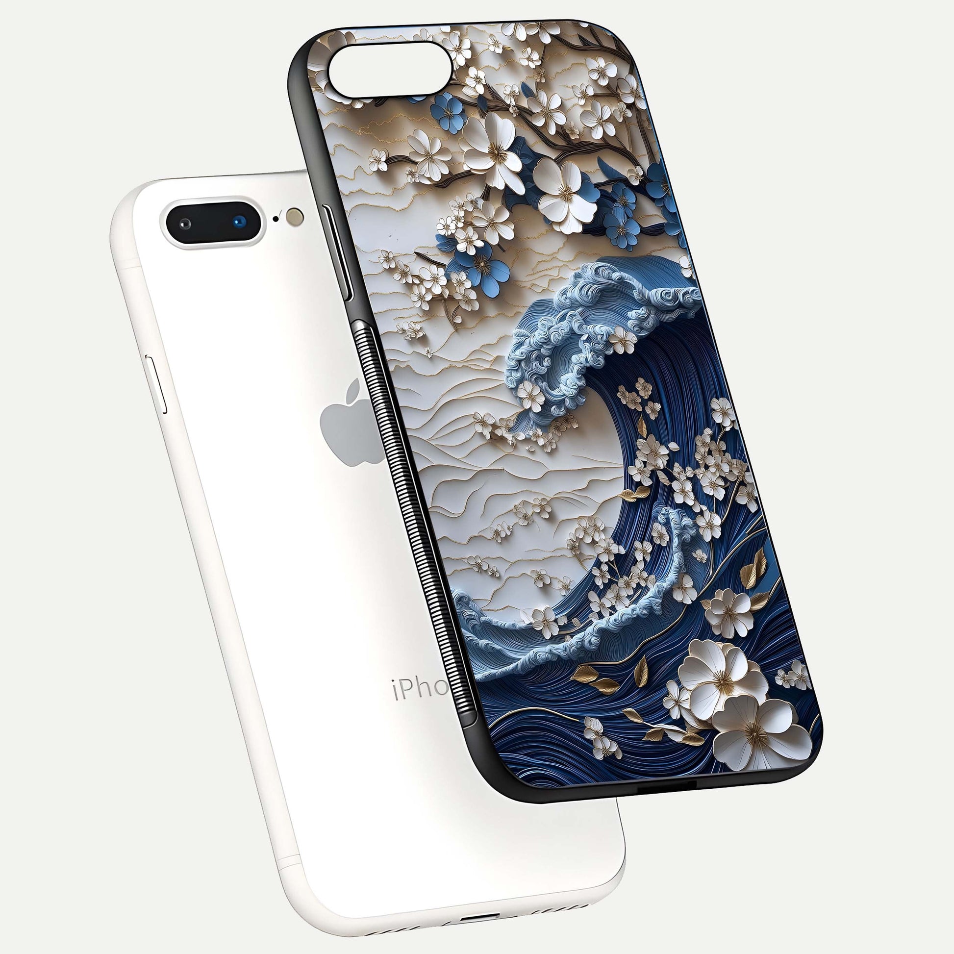 Blossom Wave Art Glass Case for iPhone 7 Plus floating mockup displaying pattern details and reflective shine