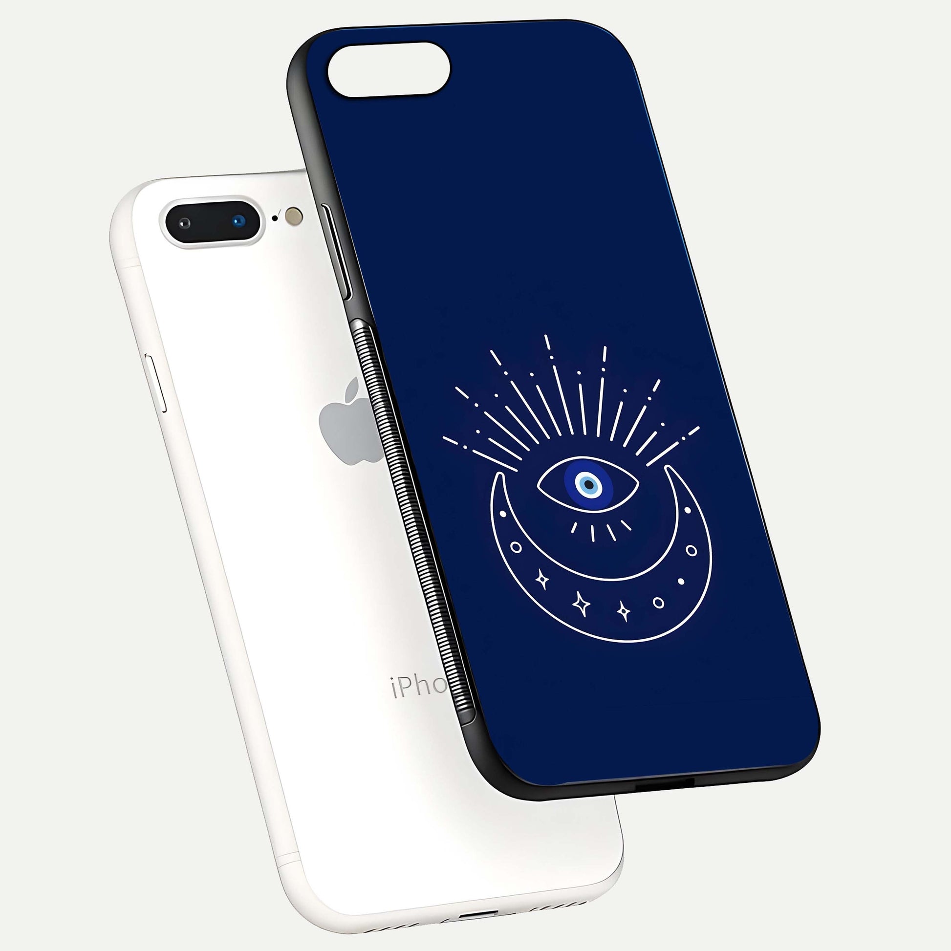 Blue Evil Eye Glass Case for iPhone 7 Plus floating mockup displaying glossy protection and spiritual artwork