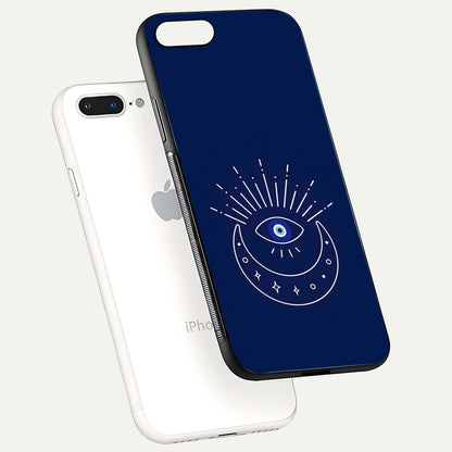 Blue Evil Eye Glass Case for iPhone 7 Plus floating mockup displaying glossy protection and spiritual artwork