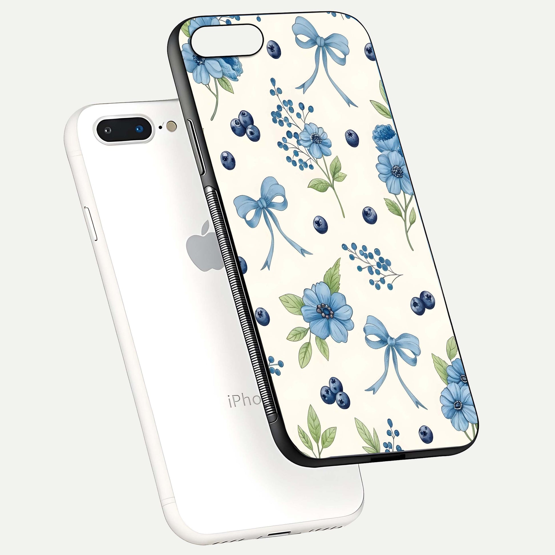 Blue Flower & Bow Glass Case for iPhone 16 Pro floating mockup capturing gloss reflection and girly aesthetic