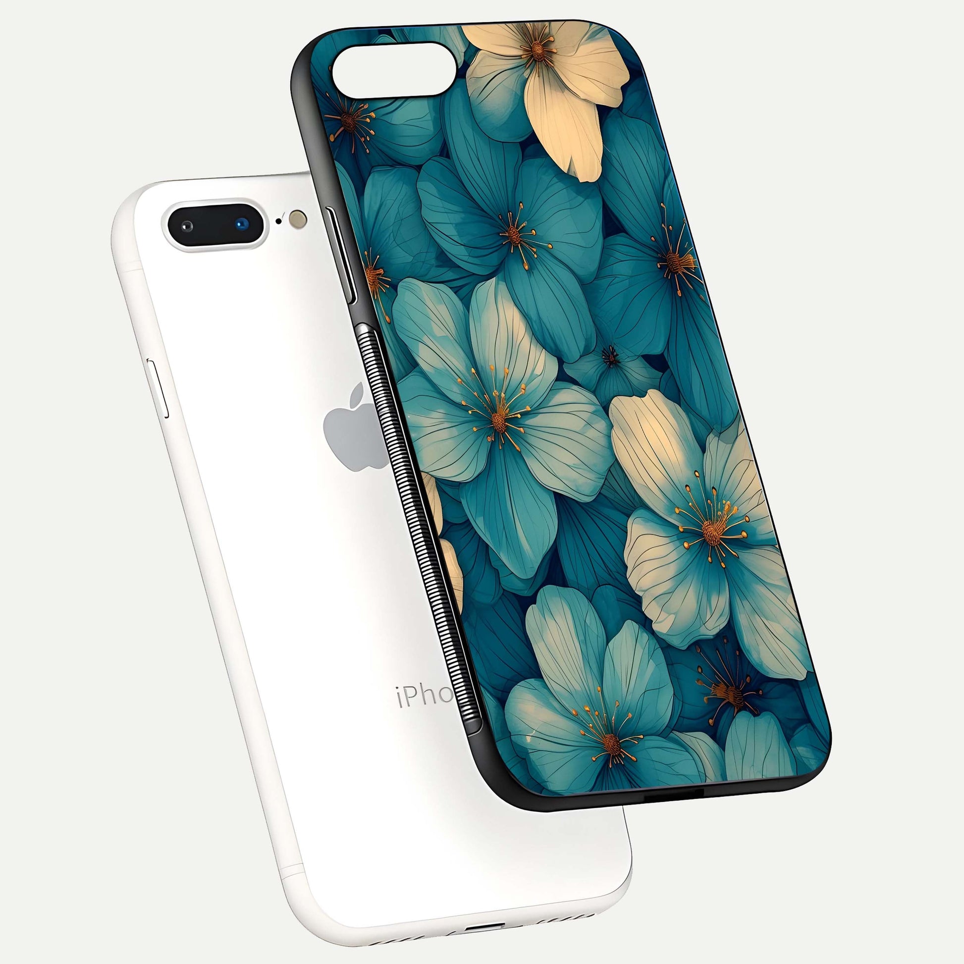 Blue Shade Floral Glass Case for iPhone 7 Plus floating mockup revealing gloss highlight and floral depth