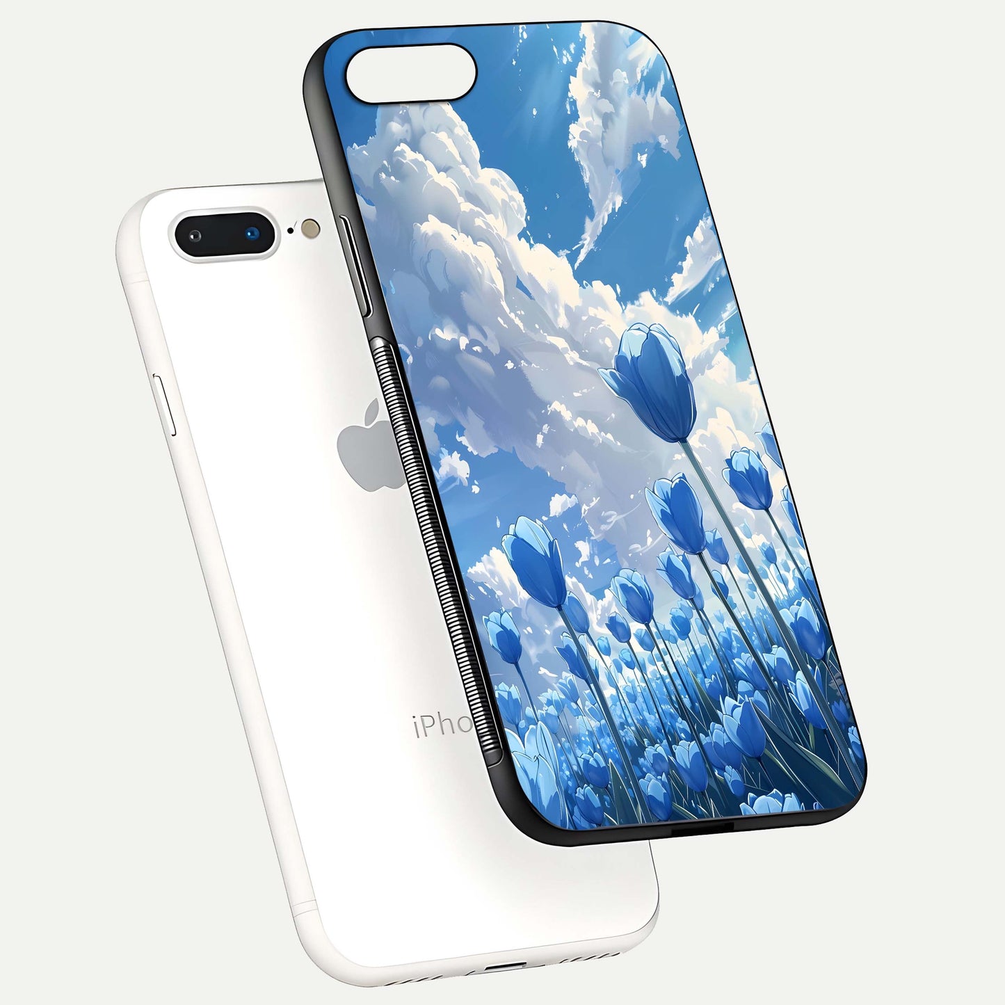 Blue Tulip Clouds Glass Case for iPhone 7 Plus floating mockup displaying tulip-cloud fusion art and smooth glass gloss