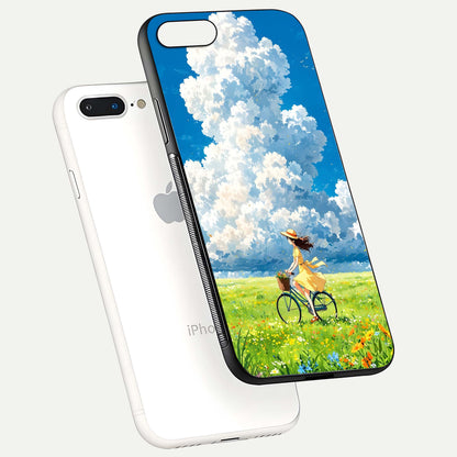 Breezy Meadow Ride Glass Case for iPhone 7 Plus floating mockup capturing serene tones and smooth finish