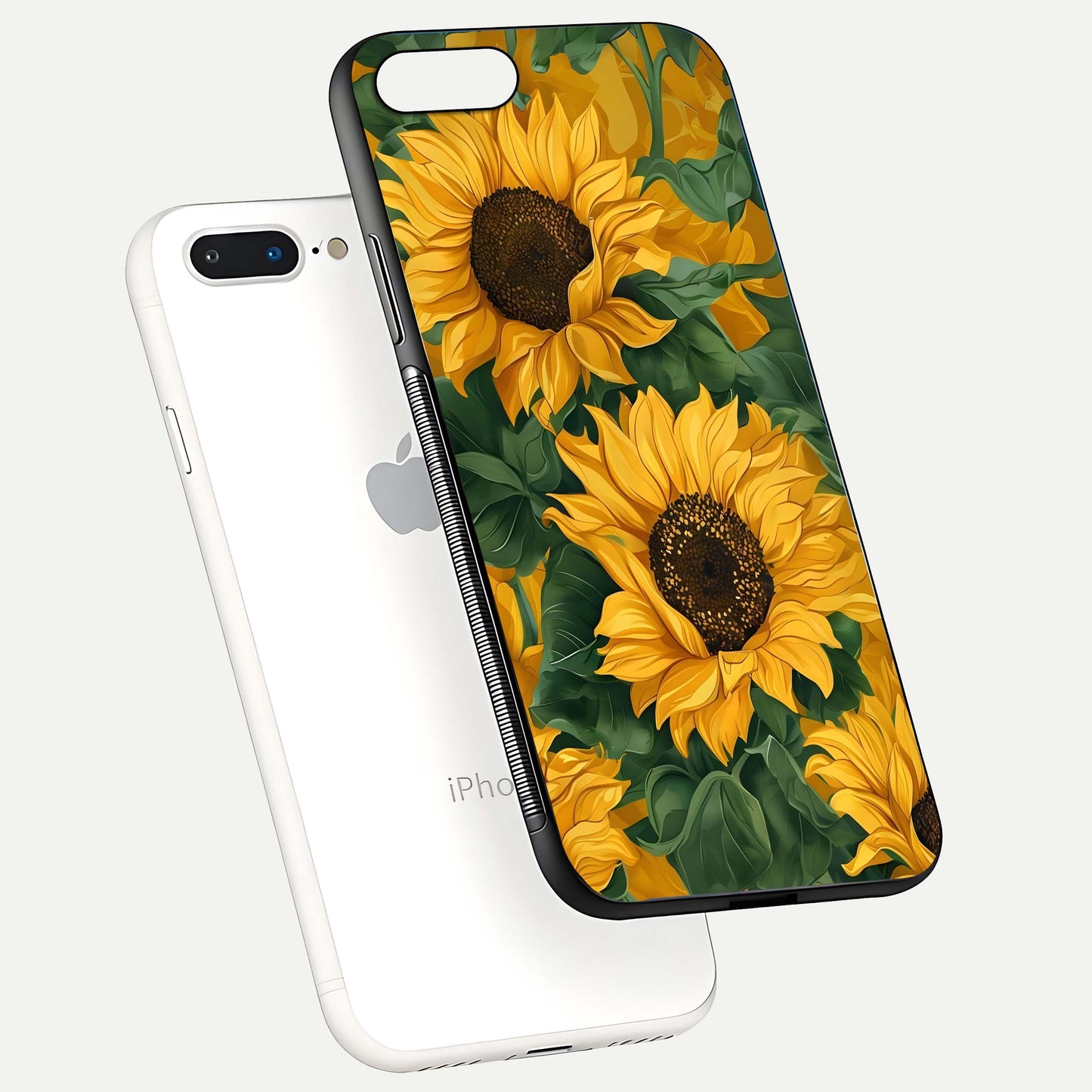 Bright Sunflower Bloom Glass Case for iPhone 7 Plus floating mockup capturing vibrant tones and gloss surface