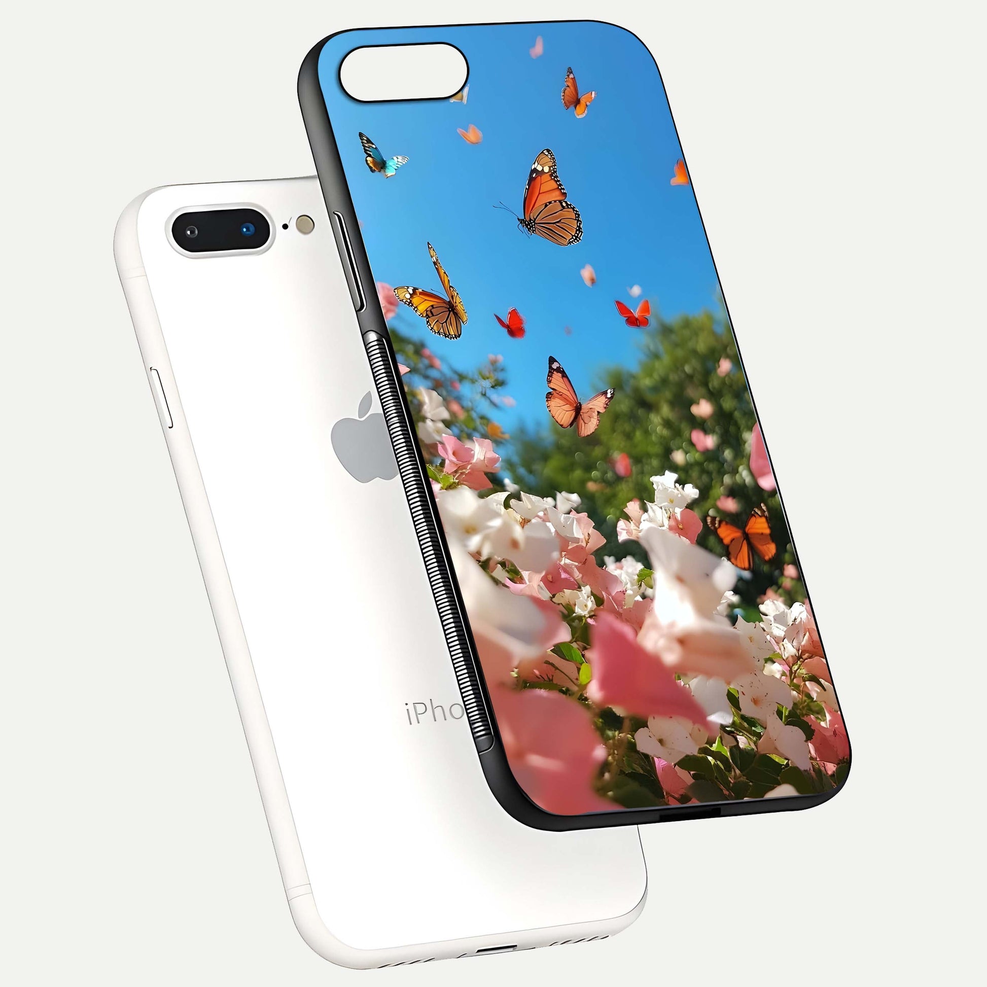 Butterflies in Bloom Sky Glass Case for iPhone 7 Plus floating mockup capturing butterfly motion and edge design