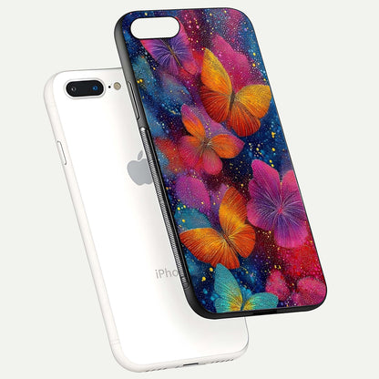Butterfly Dream Mist Glass Case for iPhone 7 Plus floating mockup displaying glass shine and ethereal art depth