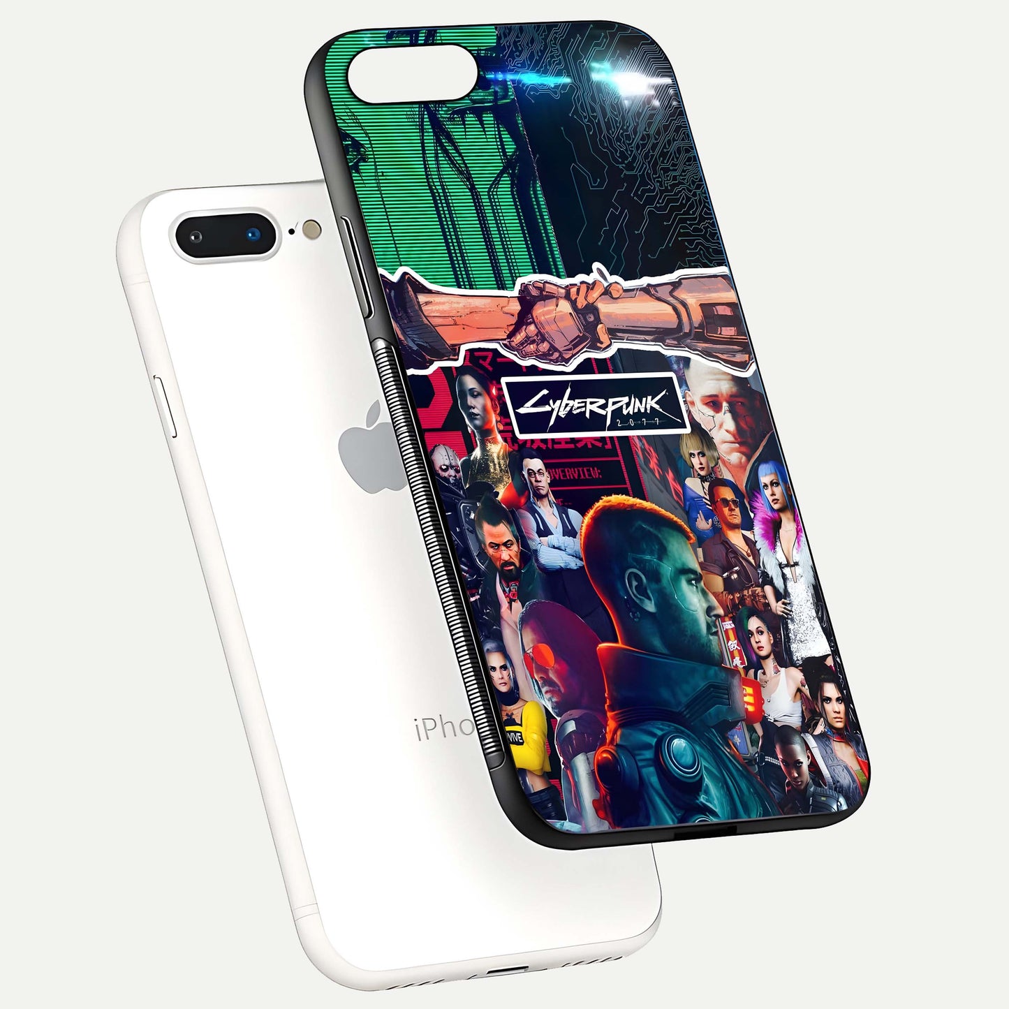 CYBERPUNK Legacy Glass Case for iPhone 7 Plus floating mockup showing HD gloss and neon glow detail
