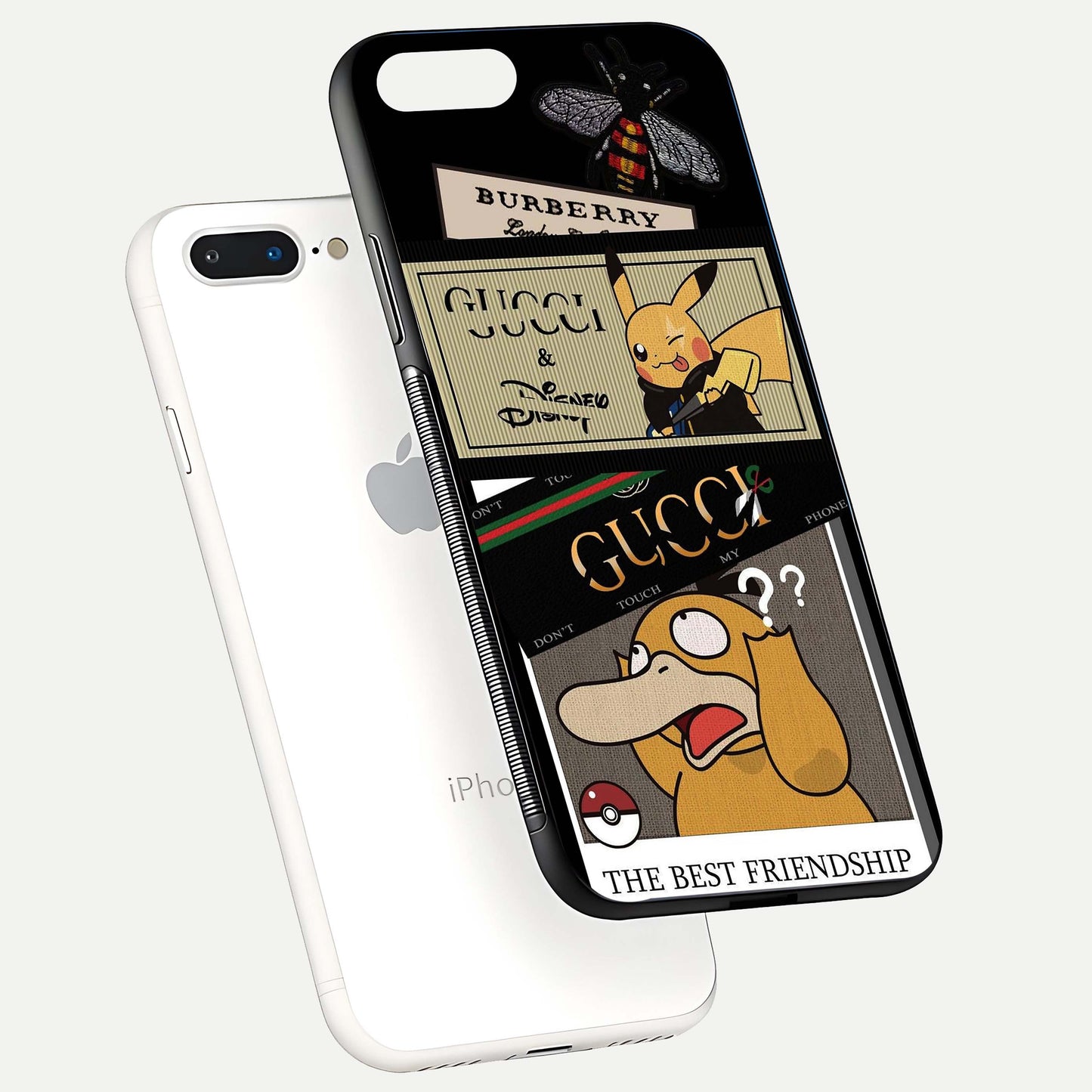 Cartoon Brand Play Mashup Glass Case for iPhone 7 Plus floating dual-view mockup showing gloss surface and vivid reflection