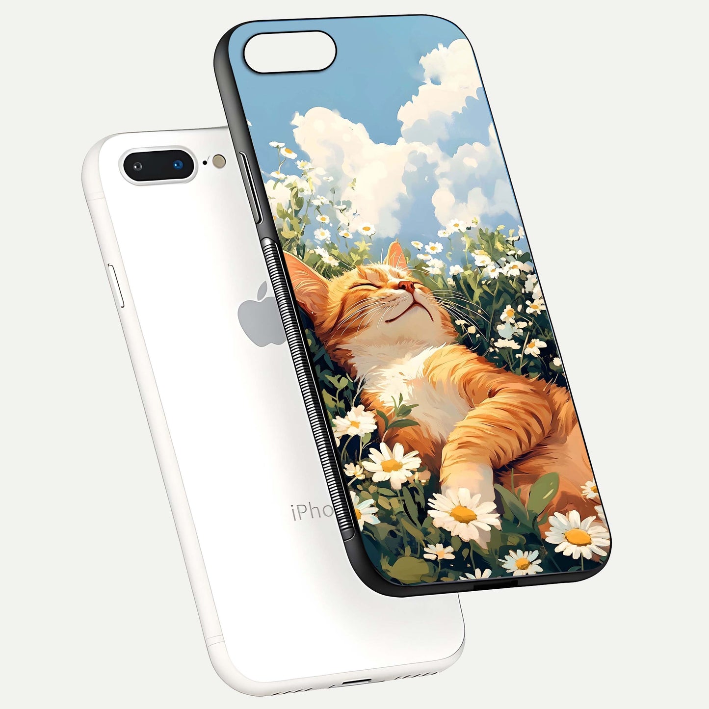 Cat & Flowers View Glass Case for iPhone 7 Plus floating mockup showing design reflection and protective edges