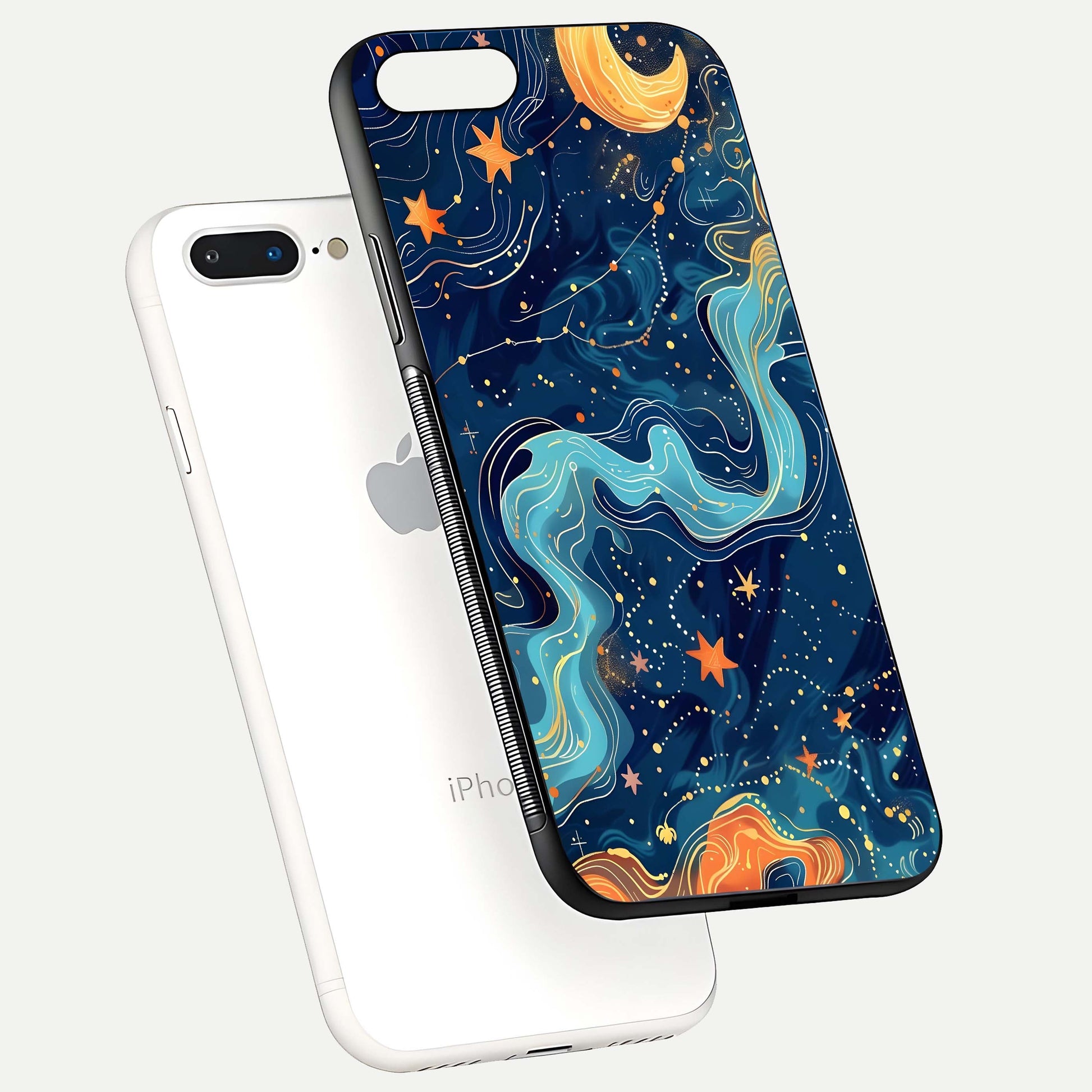 Celestial Dream Flow Glass Case for iPhone 7 Plus floating mockup displaying gloss shimmer and artistic composition