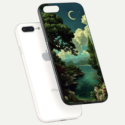 Celestial Lake Peace Glass Case for iPhone 7 Plus floating mockup capturing calm tones and smooth polish