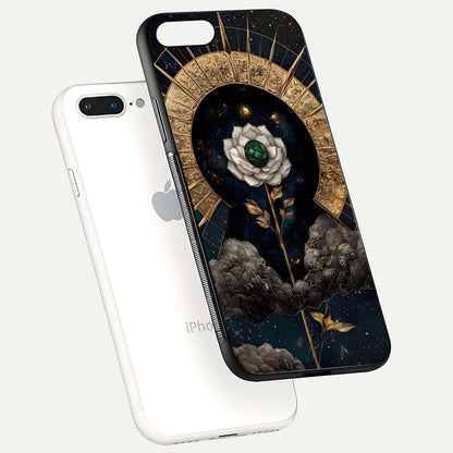 Celestial Lotus Morang Glass Case for iPhone 7 Plus floating mockup showing gloss depth and cosmic lotus glow
