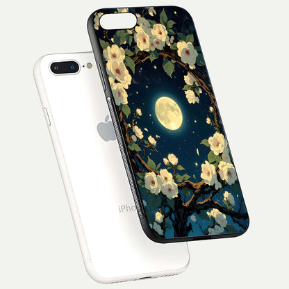 Celestial Moon & Flower Glass Case for iPhone 7 Plus floating mockup emphasizing HD shine and delicate texture