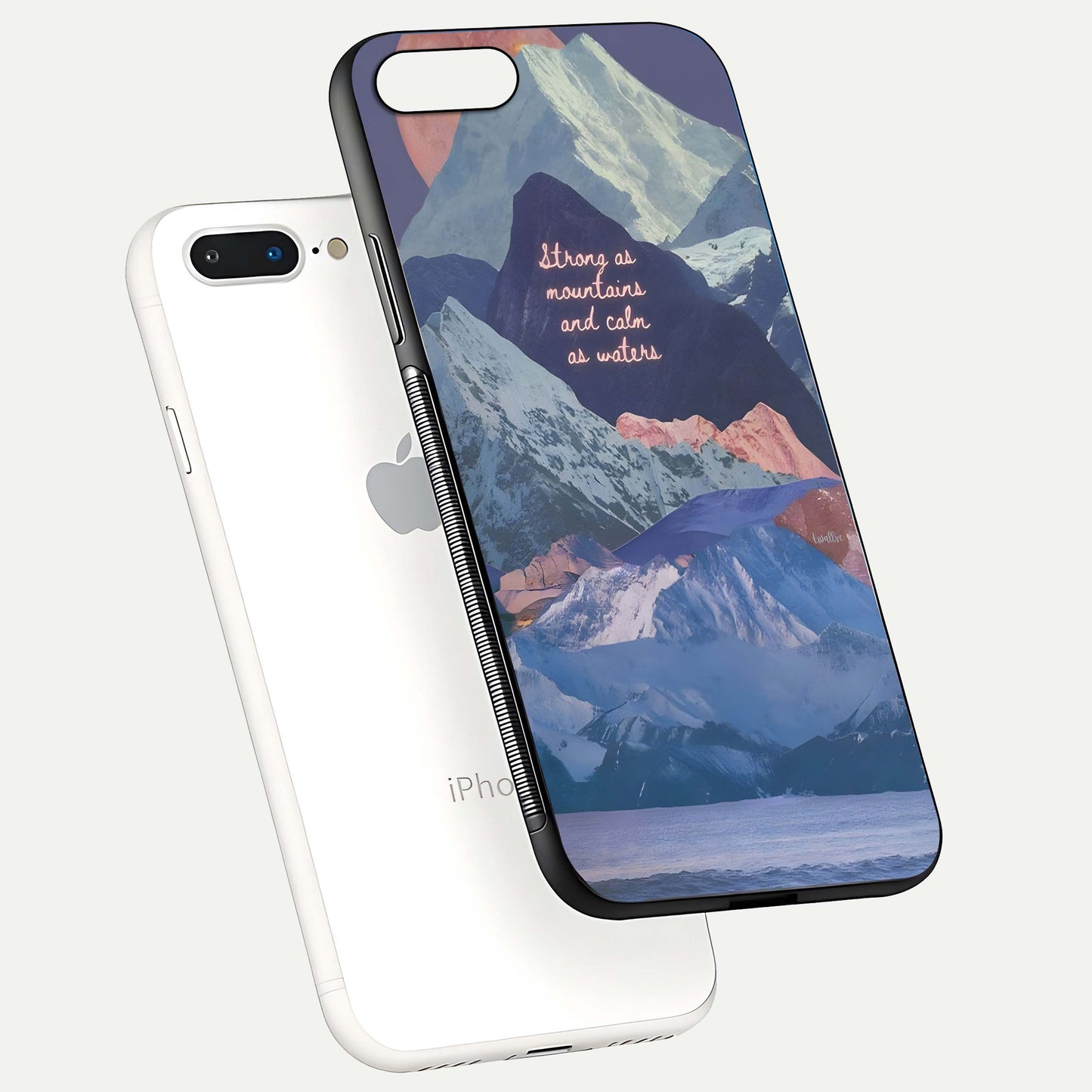 Celestial Mountain Calm Glass Case for iPhone 7 Plus floating mockup showing glow depth and polished edges