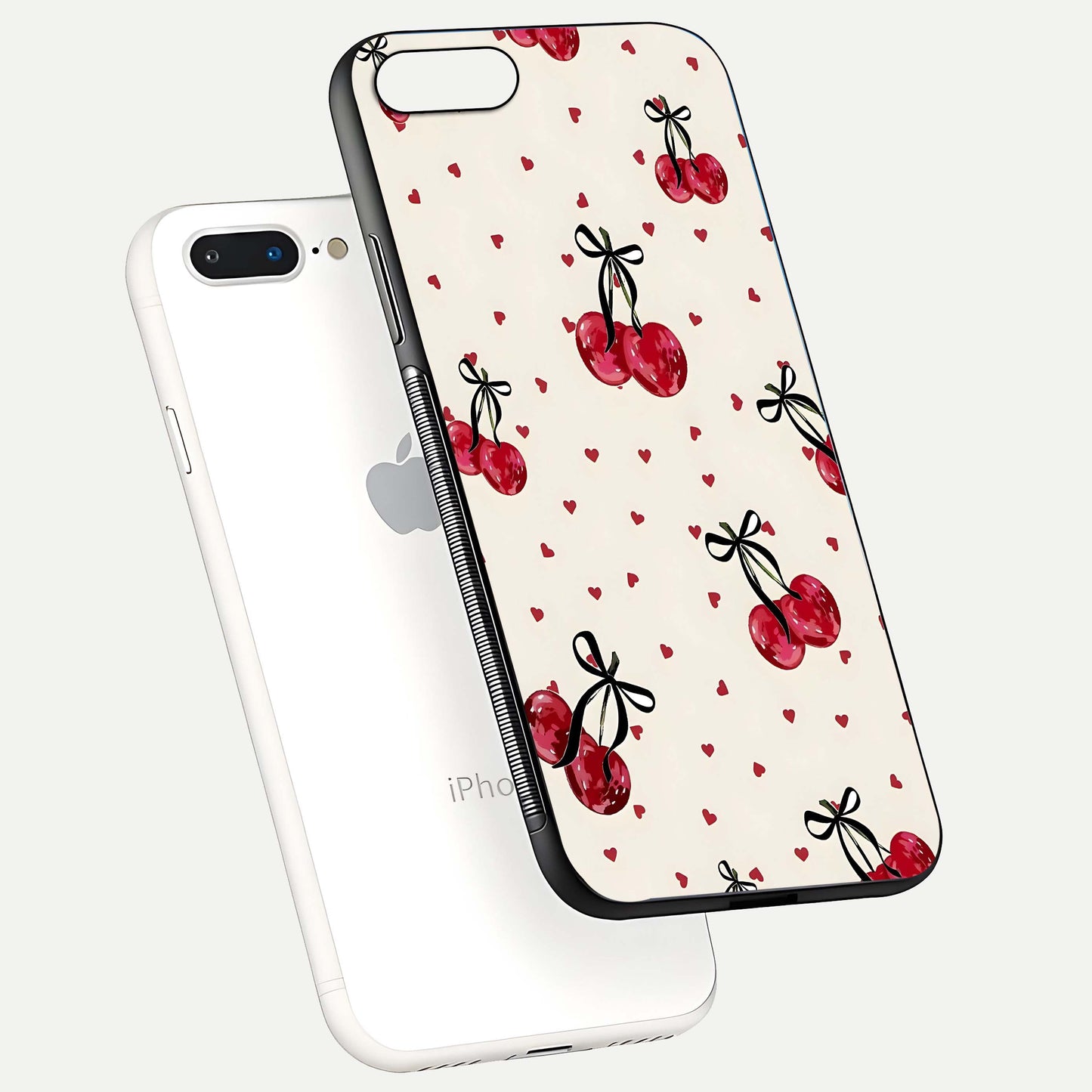 Cherry Heart Bow Glass Case for iPhone 7 Plus floating mockup showing reflection and HD print detail