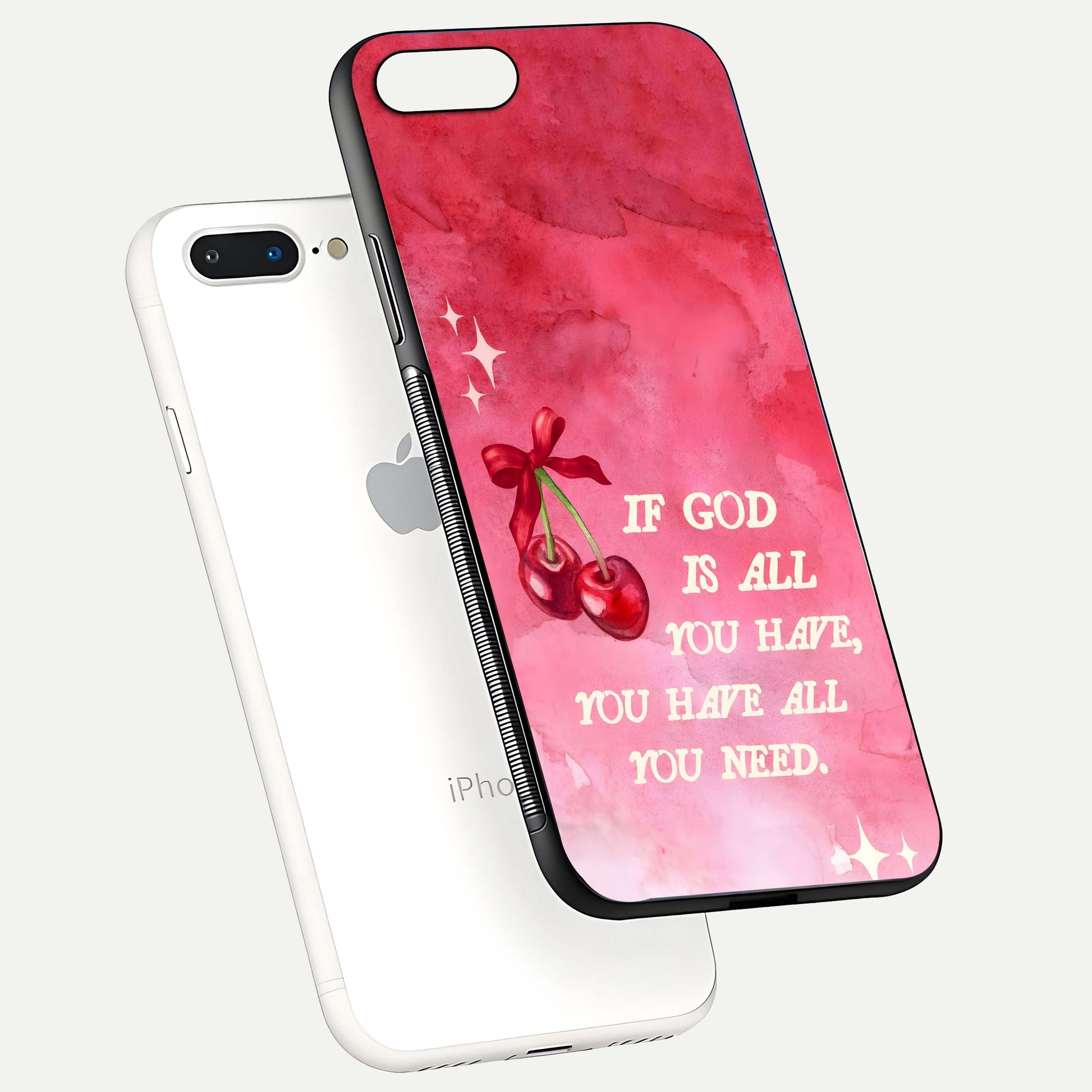 Cherry Quote Glass Case for iPhone 7 Plus floating mockup capturing shine texture and clear typography