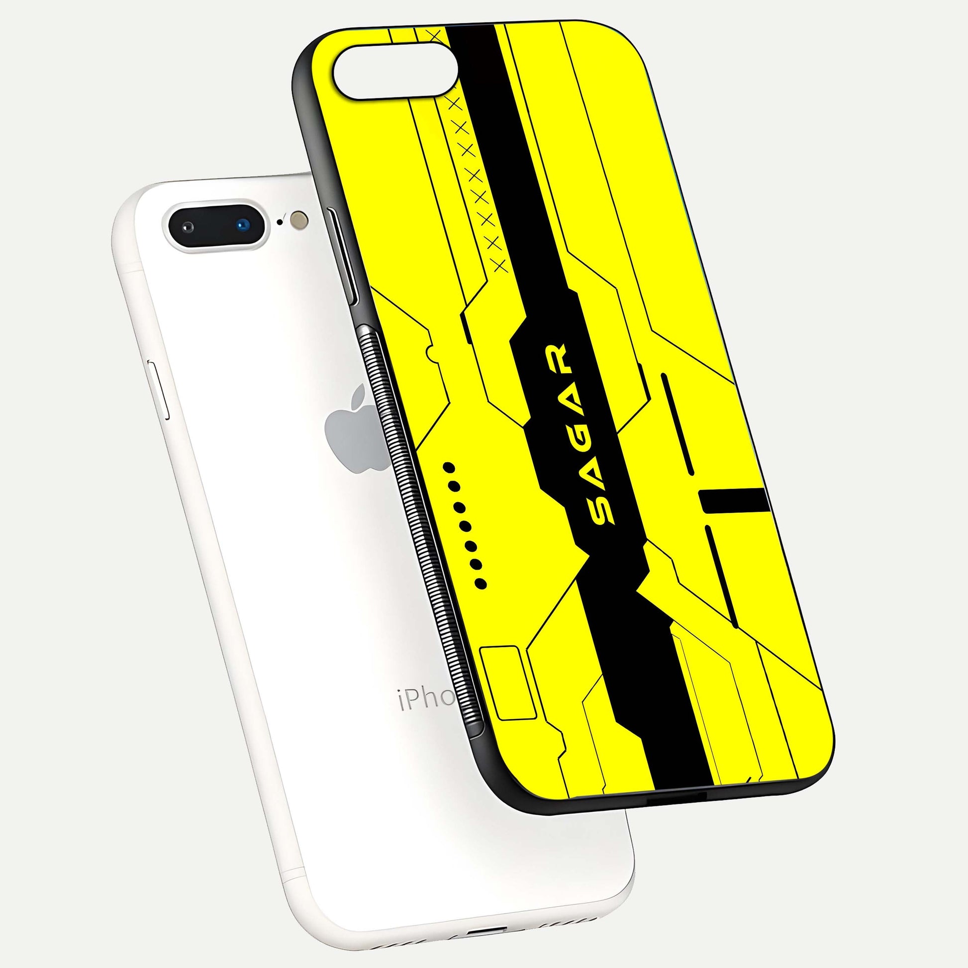 Circuit CYBERPUNK Custom Name Glass Case for iPhone 7 Plus floating mockup capturing glow effects and polished shine