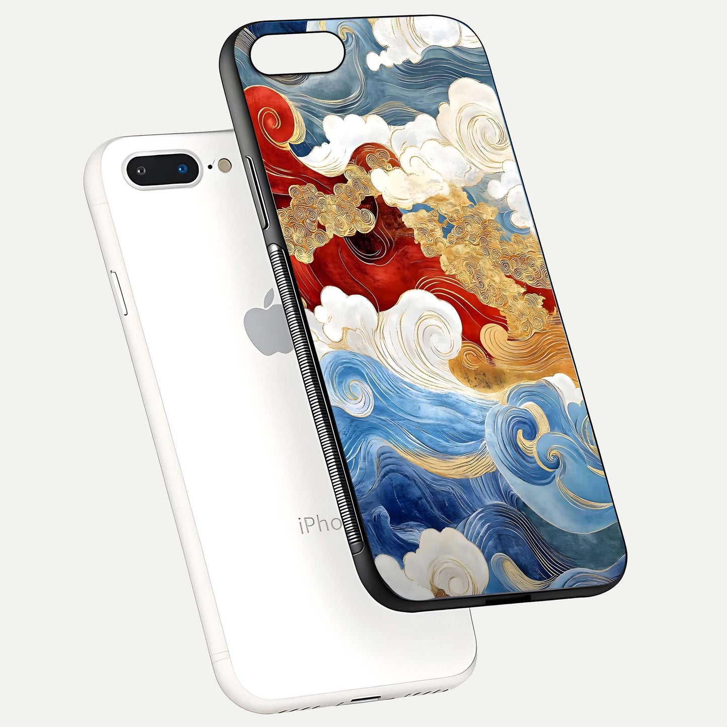 Colored Waves Glass Case for iPhone 7 Plus floating dual-view mockup displaying gloss finish and color contrast