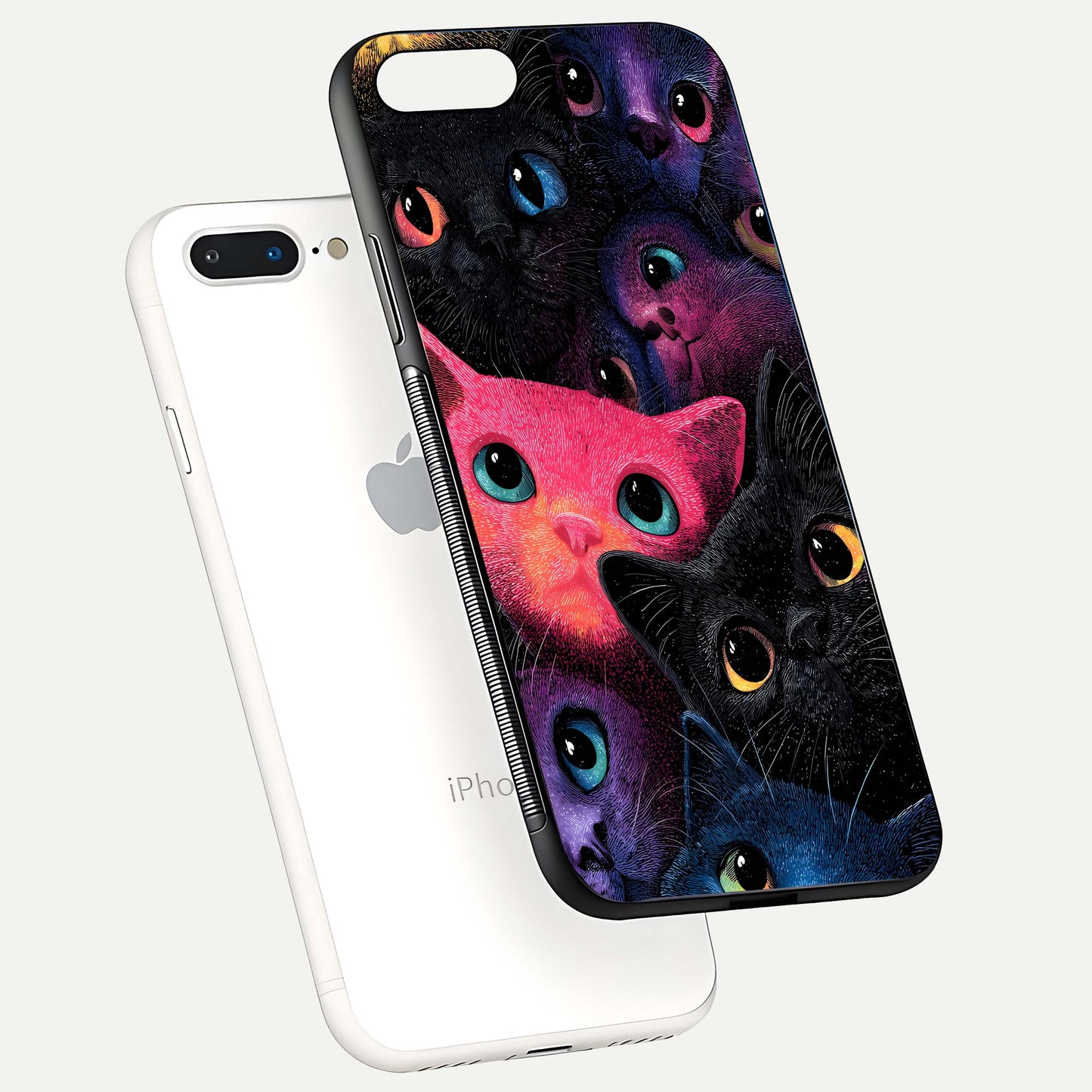 Cosmic Cats Dreams Glass Case for iPhone 7 Plus floating mockup showing star details and polish reflection