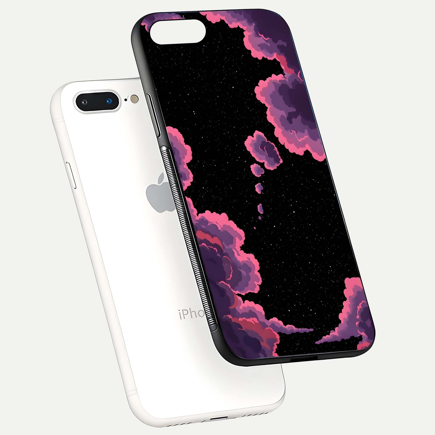 Cosmic Cloud Journey Glass Case for iPhone 7 Plus floating mockup showing HD gloss and cosmic gradient