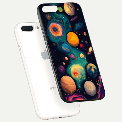 Cosmic Planet Journey Glass Case for iPhone 7 Plus floating mockup showing gloss gradient and deep shine