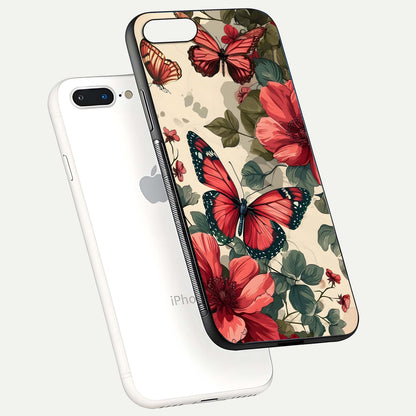 Crimson Butterfly Garden Glass Case for iPhone 7 Plus floating mockup showing HD gloss and vivid art