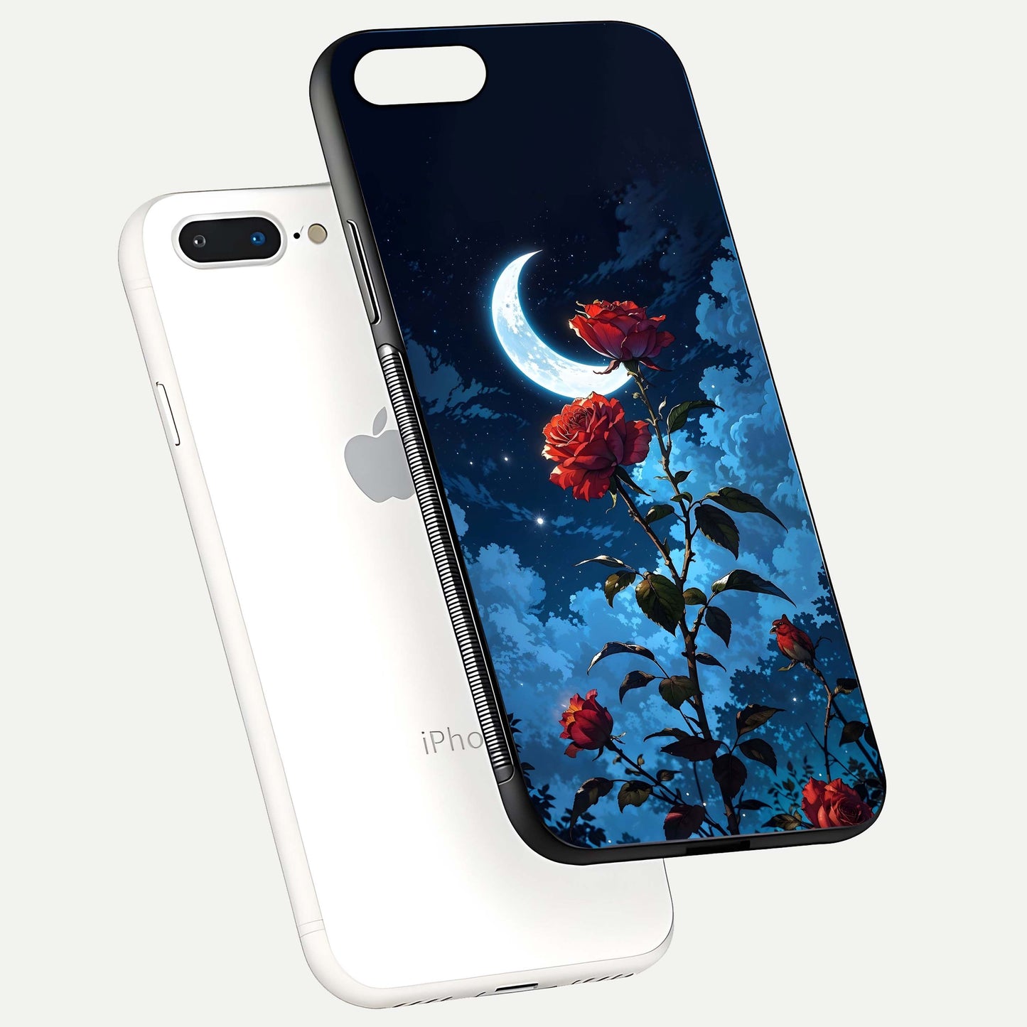 Crimson Rose Moon Glass Case for iPhone 7 Plus floating mockup showing HD shine and elegant contrast
